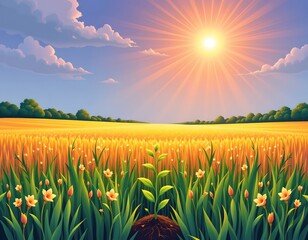 high quality, illustration of a plant in a field at the bottom of the frame, with bright sunbeam shining down from the top