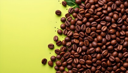 high quality, minimalist art of fresh premium roasted arabica coffee beans background, subject positioned on the left with vibrant lime tones