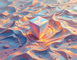 high quality, impressionist digital painting of a floating cube surrounded by fluid, glowing waves, soft pastel hues.