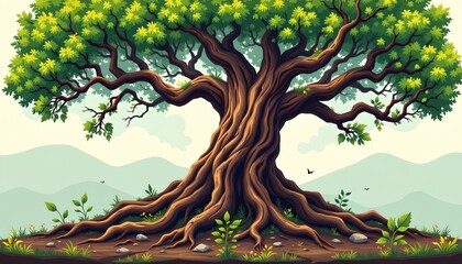 high quality, abstract digital illustration of a twisted, ancient tree with expansive roots, flat style with lush green tones.