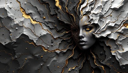 high quality, puter generated abstract intensity map in black and white, subject positioned on the right side, under golden reflections, with clear copy space on the left
