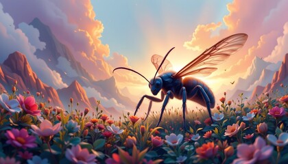 high quality, a soft watercolor scene with luminous hues capturing the surreal environment and the giant insect.