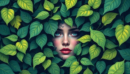 high quality, abstract digital illustration of a face emerging from dense green foliage, flat style with subtle textures.