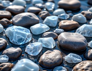 high quality, modern digital art of icy stones with subtle water effects, bright and vibrant shades, simple composition
