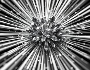 high quality, a stunning black and white macro shot of crystals with abstract rays, position subject at the top with clear copy space at the bottom.