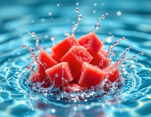 high quality, juicy watermelon cubes bursting through water surface, vibrant colors and clear droplets, essence of summer refreshment