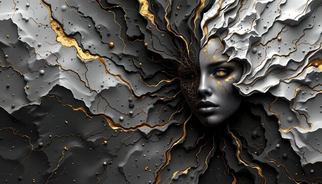 high quality, puter generated abstract intensity map in black and white, subject positioned on the right side, under golden reflections, with clear copy space on the left