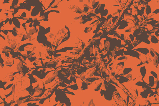 Real tree branches with leaves on Orange background. The design is good for hunting and military purpose. Seamless Pattern, Vector Illustration