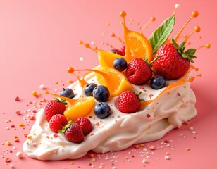 high quality, colorful fresh fruits splashing into cream, vibrant coral tones, dynamic dessert preparation, subject at top with clear copy space at bottom, photo optimized.