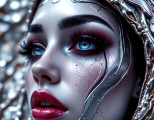 high quality, a surreal, high contrast illustration emphasizing metallic reflections and intricate surface details.