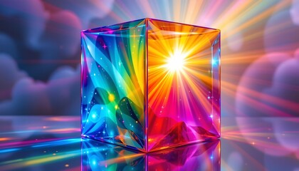 high quality, a vibrant, colorful glass cube with interior light rays, in an abstract and dreamy art style.
