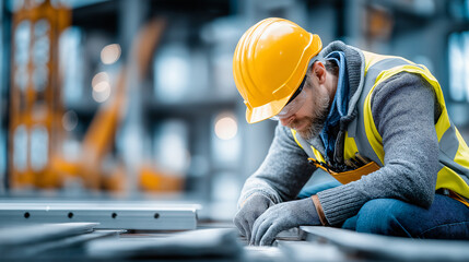 Construction industrial worker inspecting steel framework materials to meet standards industry. 