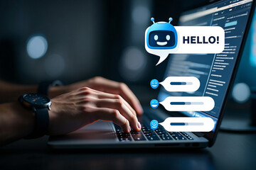 Person using laptop with chatbot interface showing customer feedback and satisfaction ratings