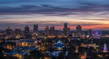 City Skyline at Dusk with Ferris Wheel and Colorful Sky