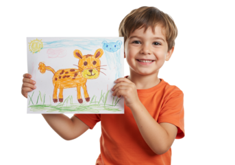 Happy Kid Showing Cute Hand Drawn Tiger Art Project