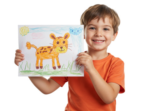 Happy Kid Showing Cute Hand Drawn Tiger Art Project