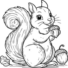 Coloring book Squirrel holding an acorn on white background printable outline vector illustration