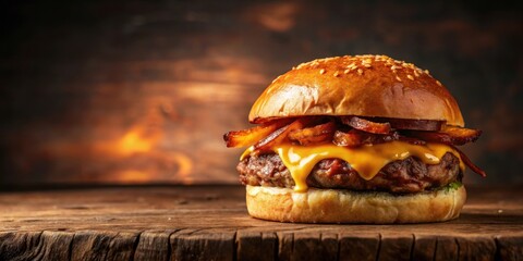 A delectable gourmet burger featuring a succulent patty, melted cheese, crispy fried onions, and a toasted sesame seed bun, all resting on a rustic wooden surface against a blurred fiery background.