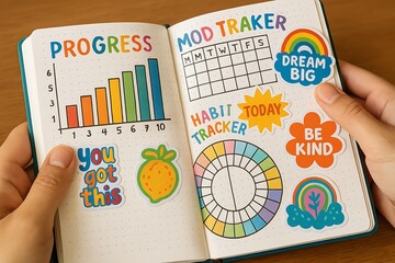 Close-up of hands flipping through a bullet journal showing progress graphs, mood tracker, and motivational stickers. Generative AI
