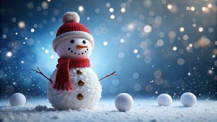 A cheerful snowman in a festive red hat and scarf stands in a winter wonderland, surrounded by snow and sparkling lights, creating a magical holiday scene.