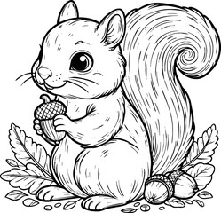 Coloring book Squirrel holding an acorn on white background printable outline vector illustration