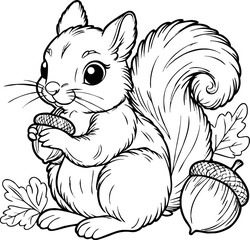 Coloring book Squirrel holding an acorn on white background printable outline vector illustration
