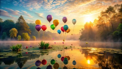 Colorful Balloons Floating Over Serene Lake at Sunrise Reflecting in Calm Water