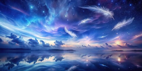 Serene Twilight  Feathers Drifting Across a Starry Sky Reflected in a Tranquil Lake