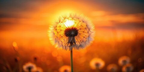 Serene Sunset Silhouette of a Dandelion Seed Head in a Field of Blossoms