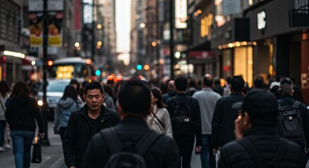 Crowd on City Street with Buildings and Traffic