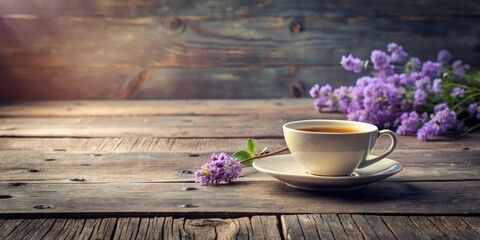 Aromatic Tea Break Tranquil Moment with Blooming Purple Flowers on Rustic Wooden Table
