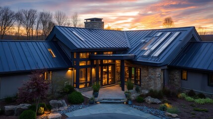 Fototapeta premium Modern Luxury Home Exterior Sunset View Architectural Design Metal Roof Stone Facade Evening Twilight Residential Building Contemporary House Architecture Home Design Real Estate 