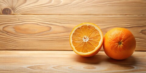A halved orange and a whole orange rest on a light brown wooden surface, offering a vibrant contrast against the natural wood grain