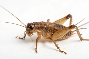Detailed close-up of a brown cricket on a white surface