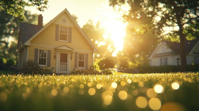 A charming yellow house bathed in golden sunlight, nestled in a picturesque neighborhood