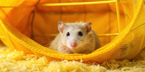A small rodent in a yellow hammock inside its cage, surrounded by soft yellow bedding