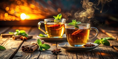Warm Aromatic Herbal Tea Infusion with Cinnamon and Mint on Rustic Wood