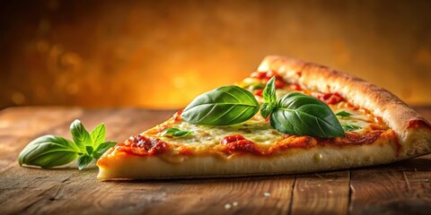 Aromatic Slice of Melted Cheese Pizza with Fresh Basil on Rustic Wooden Table
