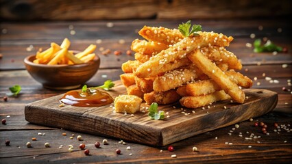 Aromatic Sesame-Crusted Fried Potato Sticks Served with Dipping Sauce and Side of French Fries on Rustic Wooden Board