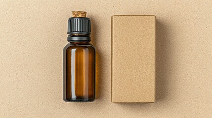 Amber glass bottle and kraft paper box on a beige surface.