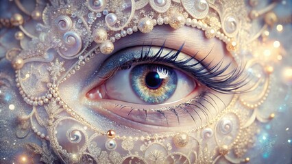 Close-up of a Sparkling Eye Adorned with Intricate, Gilded Filigree and Pearls