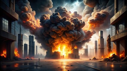 A solitary figure observes a catastrophic urban inferno, massive plumes of smoke and fire engulfing structures, a scene of devastation and destruction amidst towering buildings