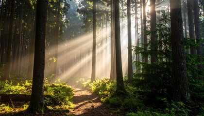 Fototapeta premium Sunbeams through a misty forest