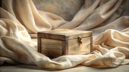 A small wooden box with a brass clasp rests gently on a softly draped beige fabric, creating a serene and subtly textured still life scene.