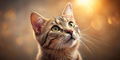 A Majestic Tabby Cat Gazes Upward, Bathed in Warm Golden Light, Its Whiskers Extending Outward, a Symbol of Grace and Beauty