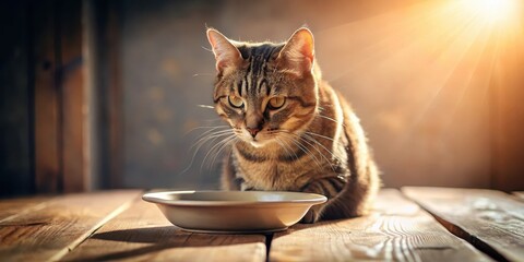 A Tabby Cat Patiently Awaits Its Meal in the Warm Golden Light of the Setting Sun on a Rustic Wooden Table