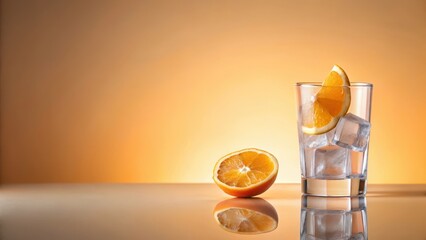 Refreshing citrus beverage with ice cubes in a glass against a warm background