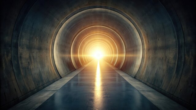 Fototapeta A long, dark tunnel with a bright light at the end, symbolizing hope and the journey towards a brighter future.