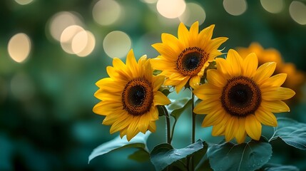 Obraz premium Sunflower Close-Up: Three Yellow Blooms with Dewy Leaves, Blurred Green Bokeh, Vibrant Healing Nature Photography