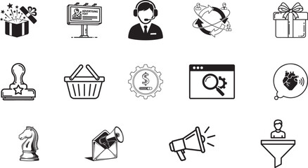 Marketing Icons for Email Campaigns, Customer Support, Loyalty Programs, Digital Ads, Business Funnels

